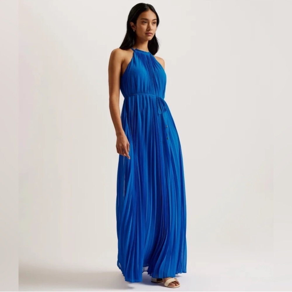 NWT Ted Baker London Helyos Blue Halter Neck Pleated Maxi Dress Sz Ted 5 US 12 - Picture 2 of 11